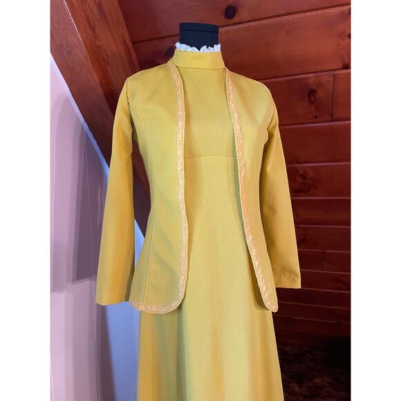 Vintage 70s Bright Yellow Lace Trim Keyhole Empire Waist Maxi Dress - Picture 7 of 7